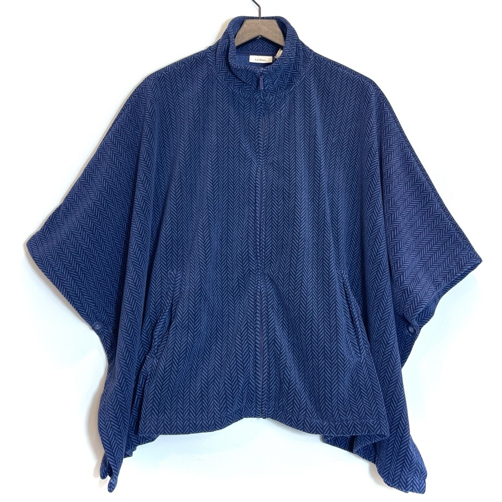 L.L.BEAN Women's Fleece Poncho Jacket Cape Full Zip Navy Blue Herringbone Size L